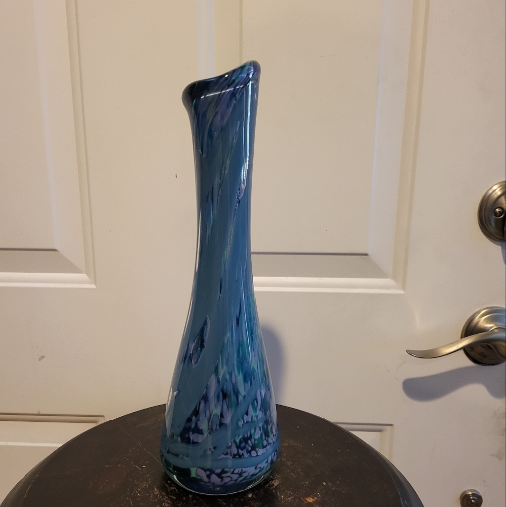 Signed Art Glass Vase Hand Blown Beautiful 12"